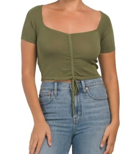 Mango  WOMEN Ruched Short Sleeve Square Neck Cropped Tee - Size M - Green - NWT