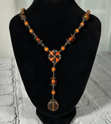 Elegant Burnt Orange Beaded Teardrop Statement Necklace 19”
