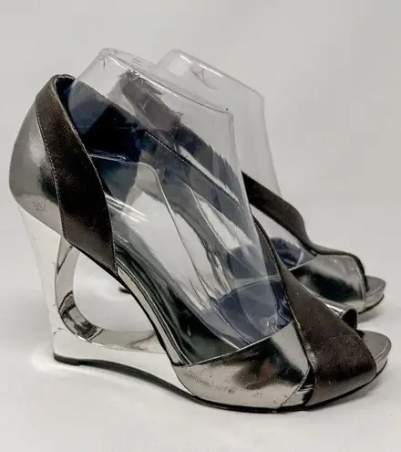 Marciano Women's Silver Leather Peep-Toe Wedge Heel Silver And Brown Size 8.5