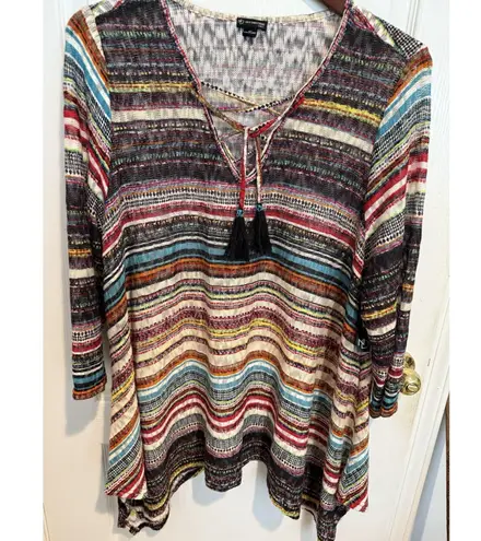 New Directions Women 3X Pullover Lace Up Front Boho Striped Knit Sweater Top NWT Brown Size undefined