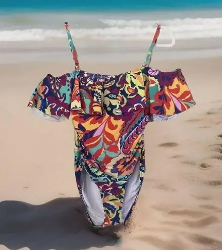 Tahari Women's Size L One Piece Bathing Suit Versatile Ruffle Floral Bright NWT