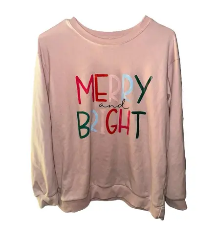 Merry & Bright Christmas Pink Velour Sweatshirt Size M