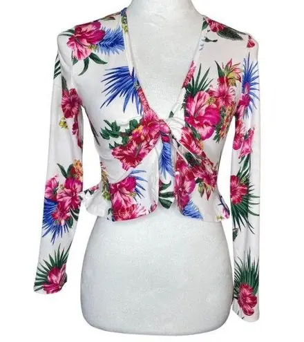 Hot Kiss Women's White Floral Long Sleeve Tie Knot Crop Peplum Top Blouse Small