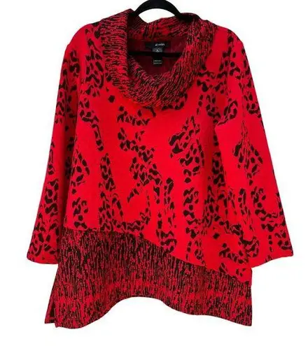 Ali Miles Red Black Print Asymmetrical Long Sleeve Cowl Neck Tunic Blouse Sz XL