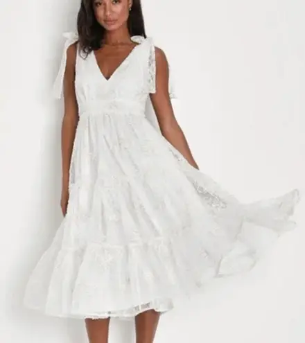 Lulus Forever Endearing White Swiss Dot Embroidered Midi Dress Size large