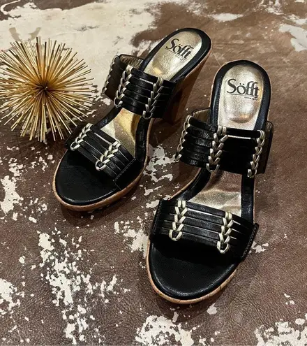 Sofft Shoes Fayann Slide Heel Sandal Black Leather Gold Metallic Cork Heel Size 7