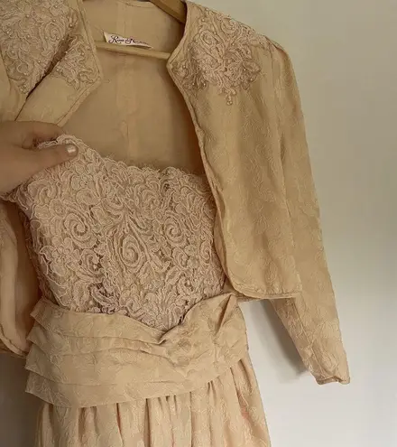 Rina Di Montella silk vtg sz 6 pastel cream prom dress padded shoulder jacket Orange