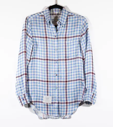 Thom Browne Made In Italy Silk Satin Houndstooth Collared Button Down Blouse
