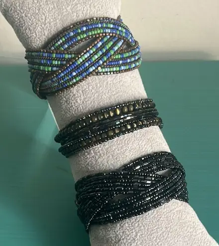 Set 3 Adjustable Wire Cuff Multicolored Glass Hematite Tigers Eye Bead Bracelets Black