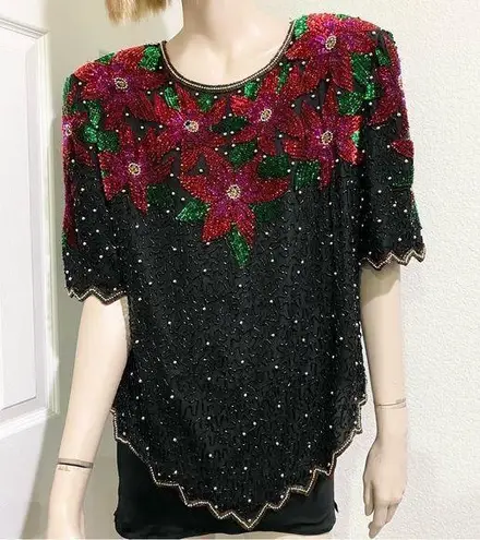 Laurence Kazar Vintage Beaded Sequin Poinsettia Flower Christmas Blouse Size 1X