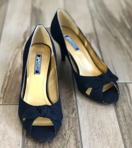 American Living Consuelo Black Open Toe Bow Tie Fabric Heels, sz. 7