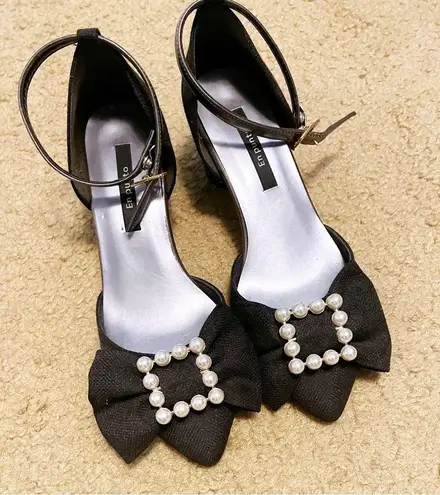 Japanese En Punto Black Shimmery White Pearl Bow Glittery Low Heels Pumps Heels Size undefined
