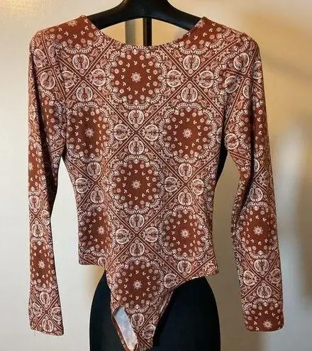 Neon Soul 18. Brown Paisley Long Sleeve Open Back Bodysuit Size XL