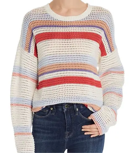 Joie RTR Diza White Multicolor Striped Open Knit Long Sleeve Cropped Sweater L
