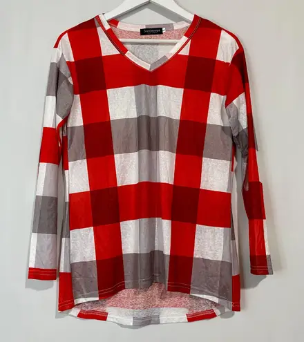 Suvimuga Women’s Long Sleeve V Neck Plaid Print Tee Shirt Red Grey & White NWOT