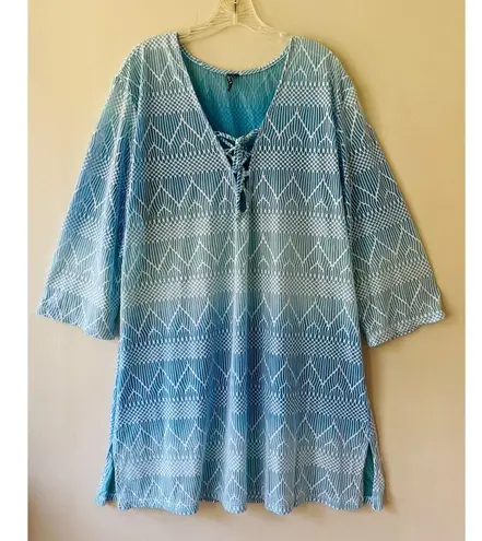 Lace Up Swim Cover Up Tunic Stretch Side Slits V Neck Semi Sheer Size L Blue Size L
