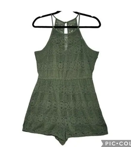 Pink Rose lace boho romper racer back olive green size L