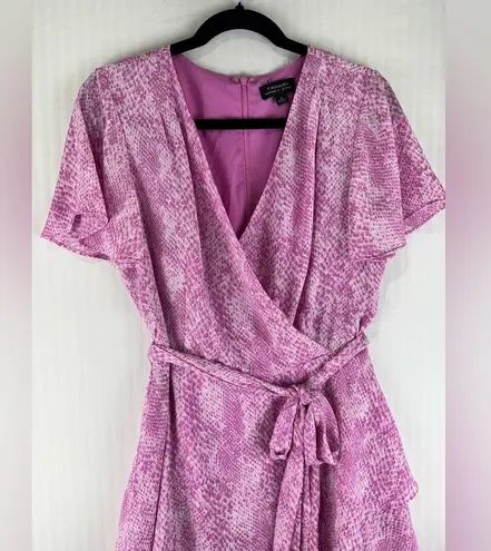 Tahari Arthur Levine Pink Snakeskin Print Ruffle Wrap V-Neck Mini Dress Size 10