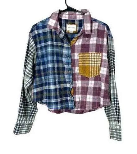 American Eagle  Cozy Cabin Cropped Patchwork Plaid Flannel Shirt Size S thumbnail 1