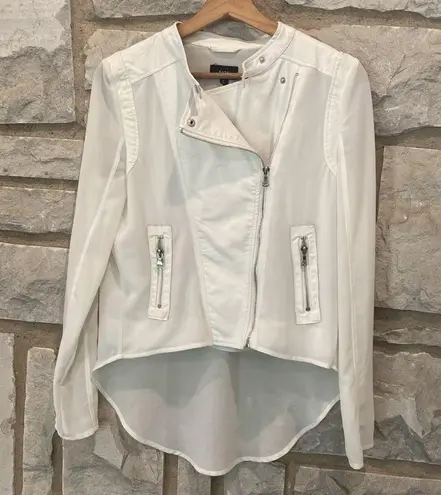 FATE. White Vegan Leather Sheer Sleeve Asymmetrical Zip Up Cropped Jacket M