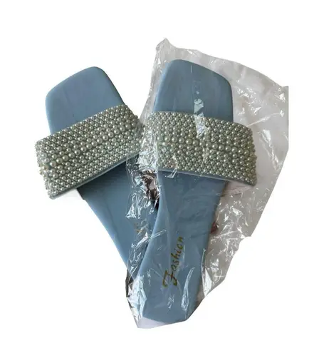 Women’s Blue Pearl Wedding Sandals Size 40 US 9/9.5 Beaded Strap Slip