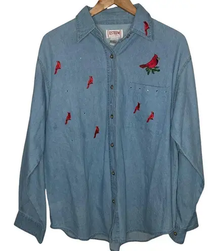 esteem jean button up with cardinals embroidery