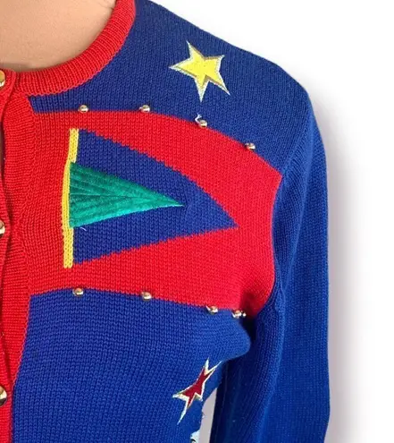 Vintage 90s Nautical Knit Cardigan Sweater Round Neck Bright Pattern Cropped Red Size M