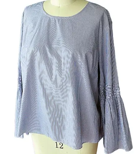 Falls Creek Crisp Cotton Blue & White Pinstripe Peasant Blouse ~ Plus Size 3X