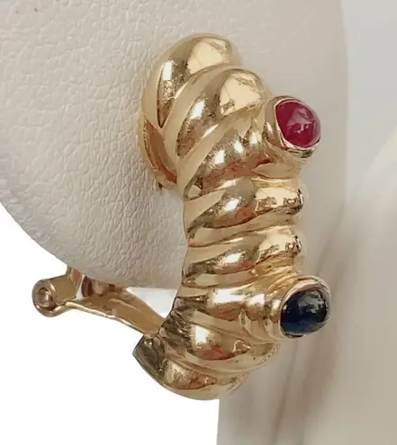 Ruby 14KT Yellow Gold Oval Sapphire Fine Statement Cabachon Omega Back Earrings