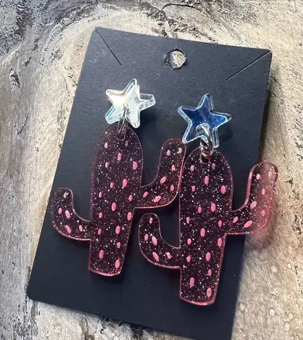 Pink & Silver Cactus Earrings Acrylic Lightweight Boho Handmade Jewelry
