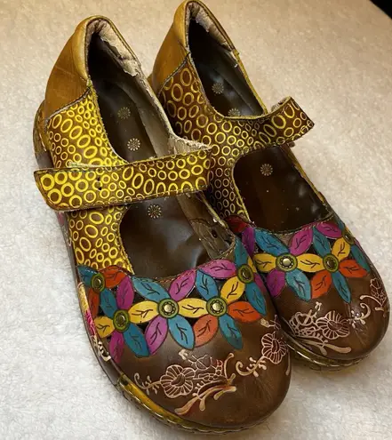 Socofy Leather 7 Mary Jane Shoe Flower Embossed Blue Yellow Green Platform Brown