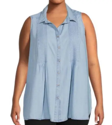 Terra & Sky  Women's Plus Size Sleeveless Pintuck Shirt Light Denim Casual Top 1X