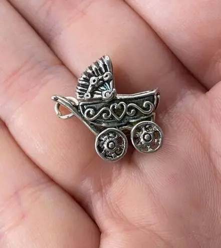 Sterling Silver Vintage 925  Ornate Articulated Pram Stroller Large Pendant Charm