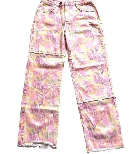 Princess Polly  Adore You Straight Wide Leg Print Jeans Raw Hem Size 12