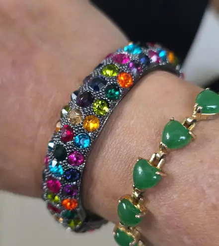 Vintage Oxidized Silver Multi Color Crystal Clamper Hinge Bangle Bracelet