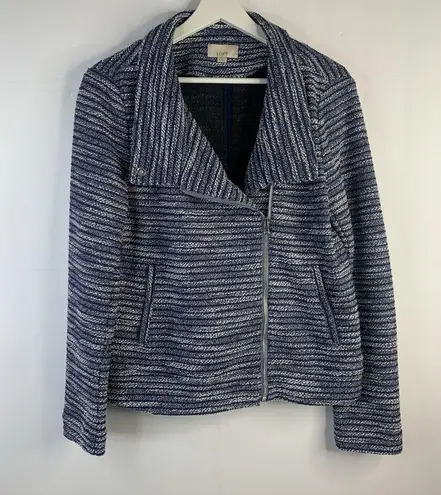 Loft Size M Tweed Knit Jacket Blue Moto Asymmetric Full Zip Long Sleeve Boucle Size M