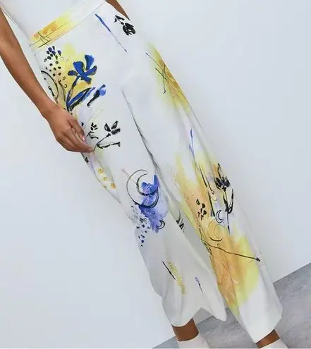 Babaton NWT Lincoln high waist rise wide leg pant white yellow blue abstract 4
