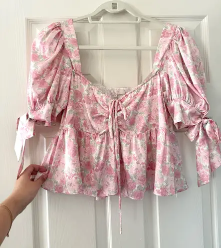 WAYF Terry Top Floral Print Puff Sleeve Peplum Top in Pink Mini Roses