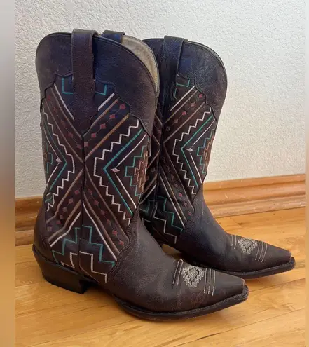 Roper Aztec Embroidered Neon Southwestern Women's Western Boots Leather Size 10 Brown