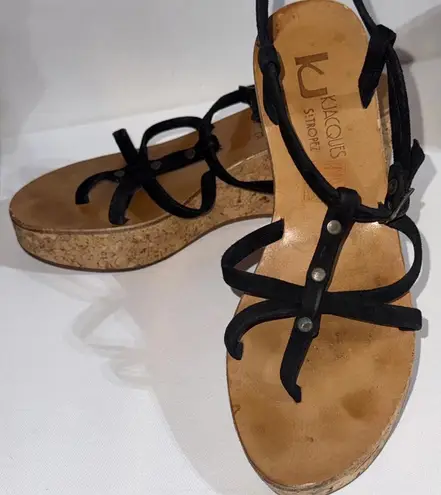 K Jacques St. Tropez Boho Wood Clog Leather Strap Wedge Sandals Brown 7.5