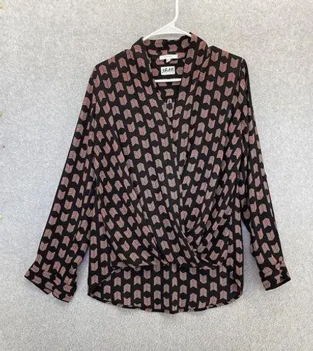 Pleione  Women's Blouse Surplice Hi Low Black Pink Long Sleeve Chevron Print Med