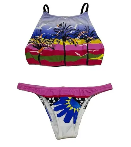 NEW Salinas M Runway High Neck Bikini Set MultiColor Palm Birds Swim Top Bottom Blue Size M