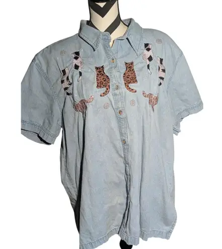 Passion 3X Embroidered Cat Denim Shirt Blue