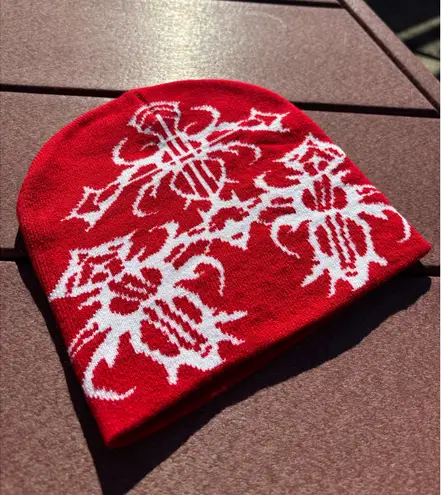 Beanie Red Tribal Cross Y2K Goth Punk Alt Streetwear