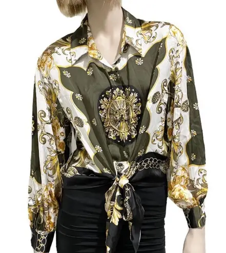 Soho NYC Green/Gold Scarf Print Front Tie Blouse S