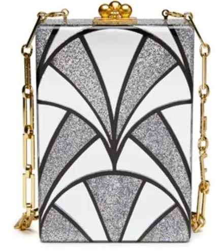 Edie Parker Carol Nouveau Acrylic Clutch Bag Mirror Crossbody Purse Glitter Silver