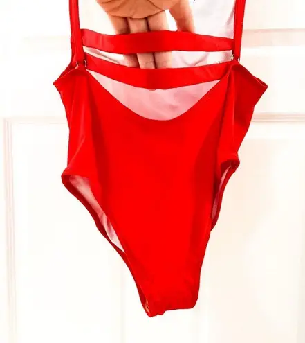 One Piece Swimsuit V neck Backless Solid Ruffle Strap Red sz Large