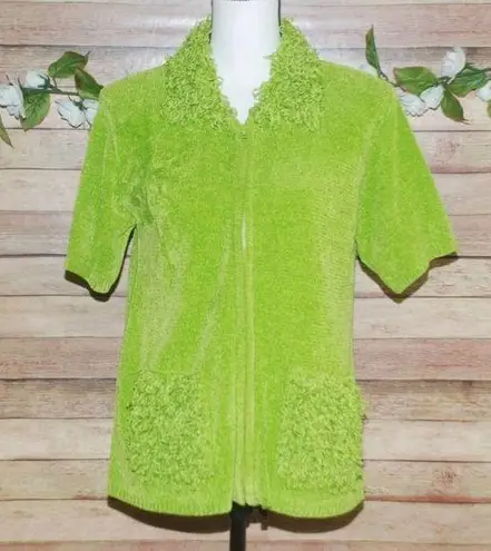 Lisa International Size M Funky Retro Lime Green Crop Sweater Zip Front Chenille Size M
