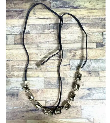 Stella & Dot Reese Sparkle Rhinestone Gold Tone Necklace Leather Tie Adjustable