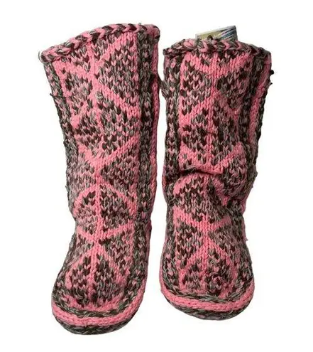 Handmade Knitted Pink and Gray Slippers High Calf B160
